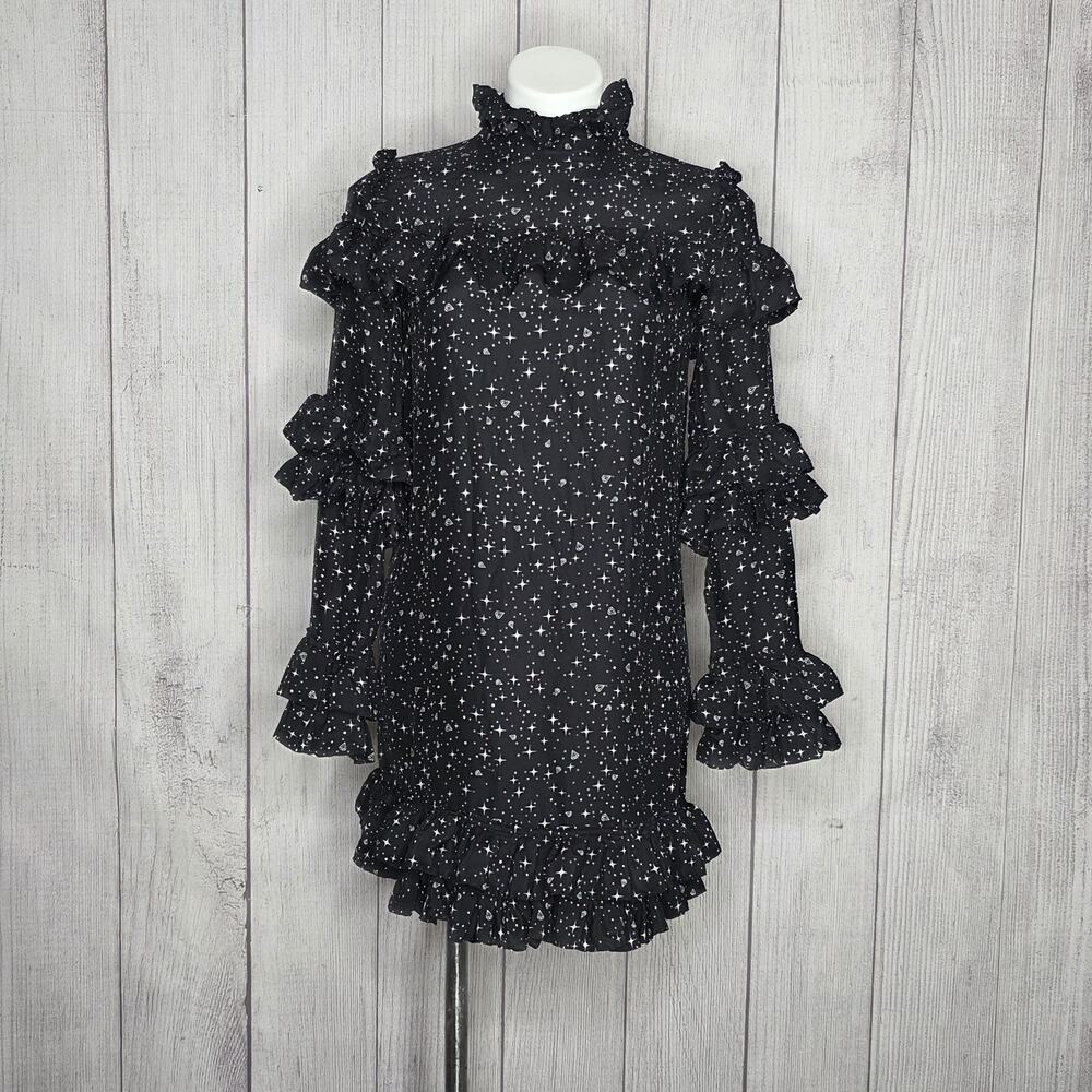 FRAME Silk Celestial Ruffle Dress Noir Black Star Diamond Print, sz Small